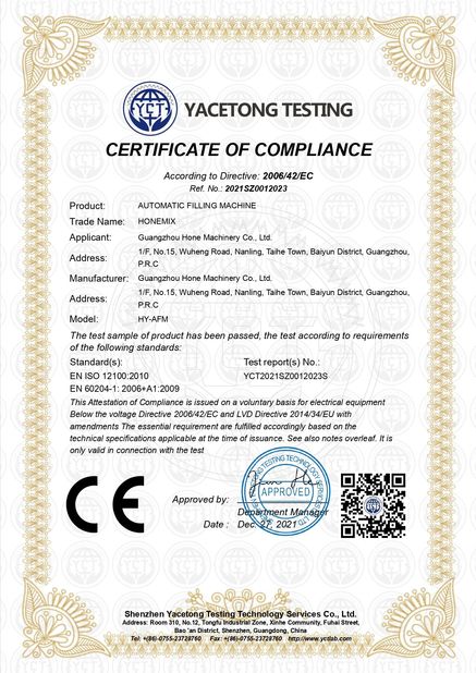 Китай Guangzhou Hone Machinery Co., Ltd. Сертификаты
